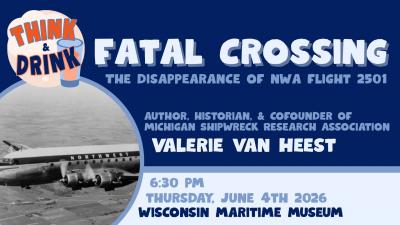 Event poster with b/w photo of an airliner flying over water.