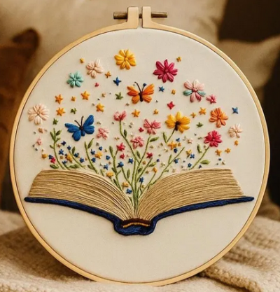 Cross stitch piece in a hoop; butterflies and spring flowers erupting from an open book.