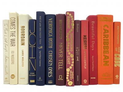 Hardcover books standing upright.