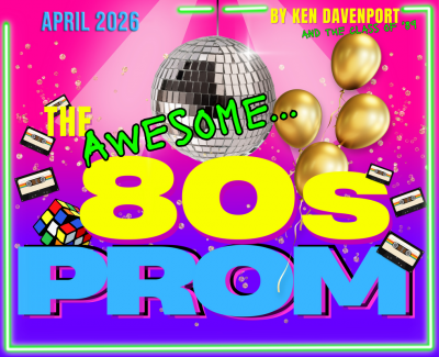 Event poster featuring images from the '80s like a disco ball, rubik's cube and cassette tapes.