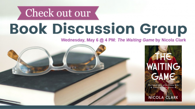Event banner featuring book cover of "The Waiting Game."
