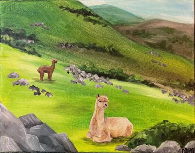 A landscape painting with mountains, green grass and alpacas.