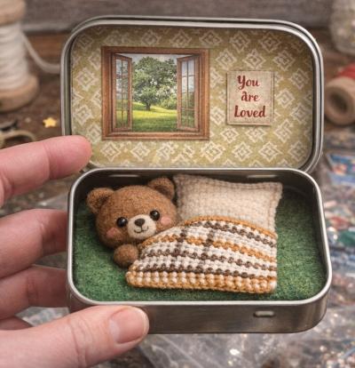 A cute tiny felted bear on a bed in his little room made out of a tin.