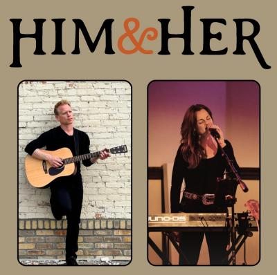 Separate photos of man holding guitar and woman singing into mike.