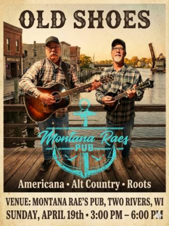 Two men standing on a wooden bridge holding stringed instruments with a depiction of the East Twin River behind them.