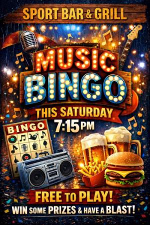 Event poster featuring a bingo card, boom box, burger, fries and mugs of frosty beer.