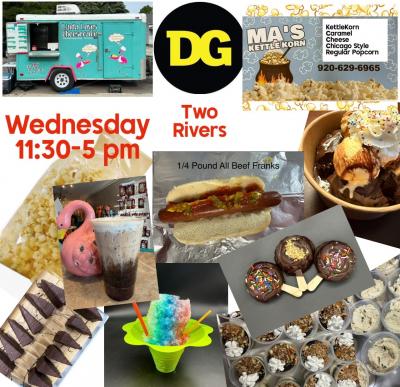 Hotdog, chocolate treats, popcorn and other goodies.