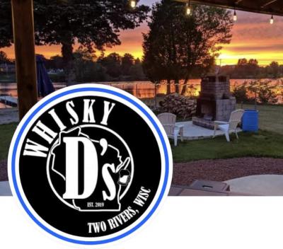 Whisky D's logo with a photo of the bar's backyard on the East Twin River.