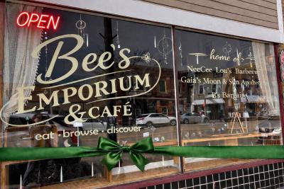Front window of Bee's Emporium.