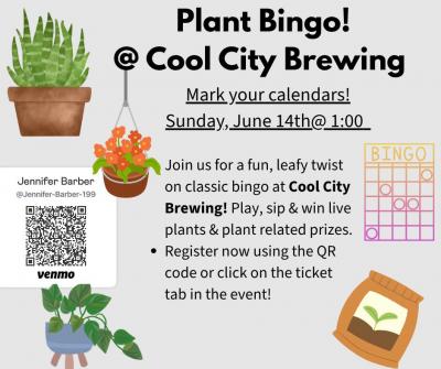 Event poster with plants, seed packet and bingo card.