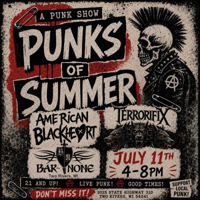 Event poster featuring a leather-clad skeleton sporting a mohawk.