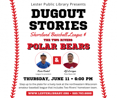 Event poster with baseball-stitching graphic and photos of two male speakers.