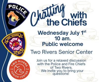 Two Rivers Police Badge and Fire Department Badge along with Two Rivers Senior Center logo.