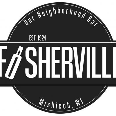 White text on black; the "I" in "Fisherville" is a tilted liquor bottle.