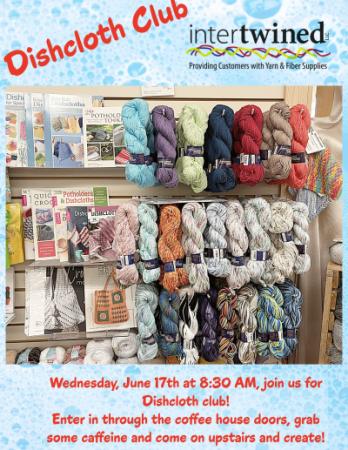 Yarn hanging in the store, and books about how to make dishcloths. 