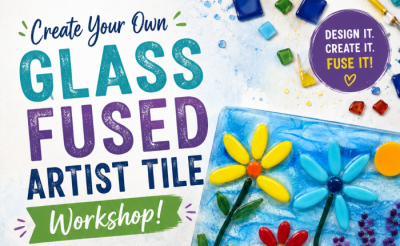 Event poster featuring floral art with fused glass.