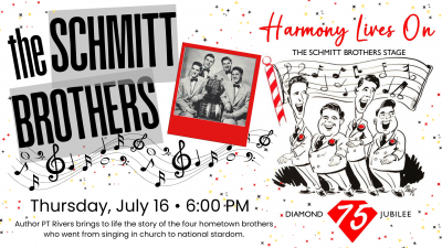 Event poster featuring a b/w photo of the four Schmitt Brothers, plus a caricature of the quartet.