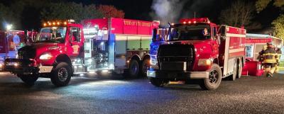 Fire trucks parked at night.