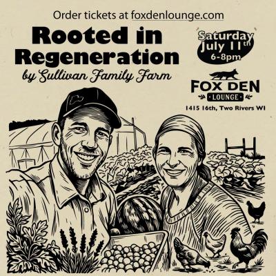 Ink image of man and woman with produce, chickens and eggs pictured.
