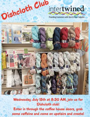 Yarn hanging in the store, and books about how to make dishcloths. 