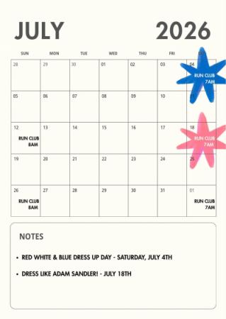 Calendar for the month of July with run dates.