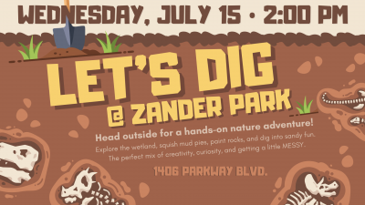 Event poster with dino fossils embedded underground.