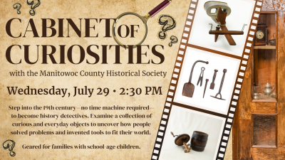 An old cabinet is pictured, and a magnifying glass, and a film-type strip containing images of hard-to-ID old objects.