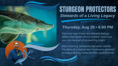 Event poster with photo of a sturgeon, and a photo of the guest speaker, a smiling man.