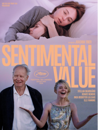 Movie poster for "Sentimental Value" with two women hugging, and a smiling man walking with exuberant woman.