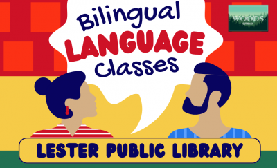 Man and woman facing eachother with a speech bubble encapsulating "Bilingual Language Classes."