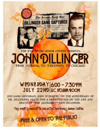 Event poster with b/w photos of gangster John Dillinger and an newspaper headline/article about his demise.
