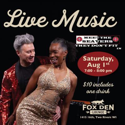 Man in red sequined jacket and woman in sequined dress happily performing onstage.