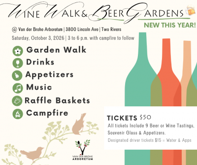 Event poster with images of birds and wine bottles.