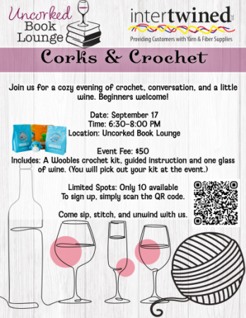Event poster w/photo of Woobles crochet kit & cute crocheted blue/white penguin, & images of wine bottle, glases & ball of yarn.