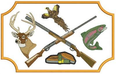 Club logo: crossed rifles surrounded by pheasant, buck, fish and clay targets and cartridges.