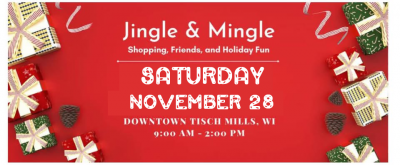 Event banner picturing wrapped gifts and pinecones.
