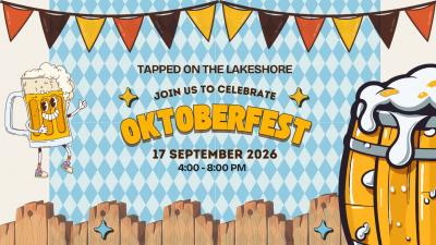 Event banner with banner aacross top, a frothy beer mug with a happy face, and a beer barrel.