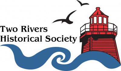 A red lighthouse and water bird silhouettes over rolling blue waves.