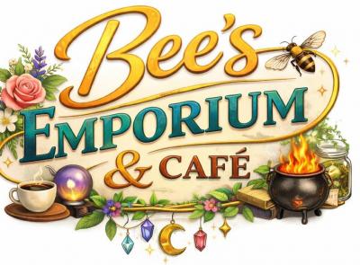 "Bee's Emporium & Cafe" in colorful text with rose, bee, cup of coffee, cystal ball and flaming cauldron.