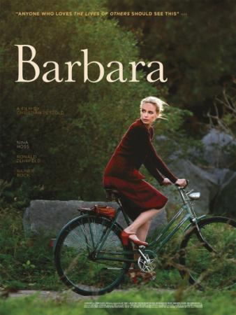 Movie poster for "Barbara;" a woman riding a bike through the countryside and looking back over her shoulder.