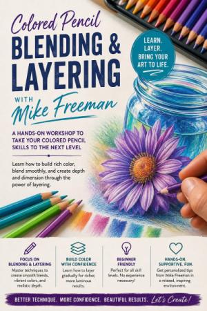 Event poster with colored pencils and a hand holding a purple pencil to draw a flower and jar.