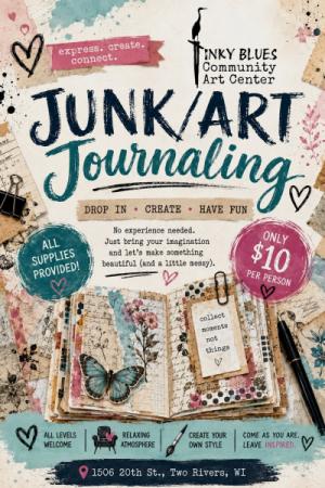 Event poster with a pretty journal put together with scrap paper and interesting art.