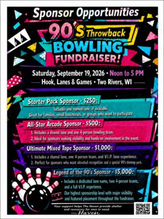 Brightly-colored event poster listing sponsorship levels and a bowling bowl striking pins.
