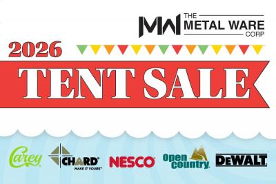 Red banner reading "tent sale" over waves.