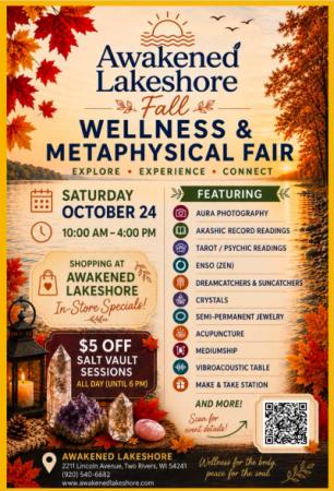 Event poster with autumn leaves, a lake, and salt pillars and crystals.