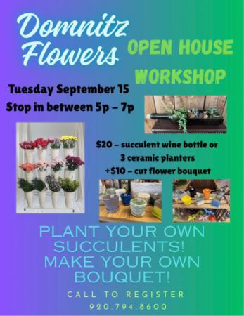 Event poster with succulents and flowers.