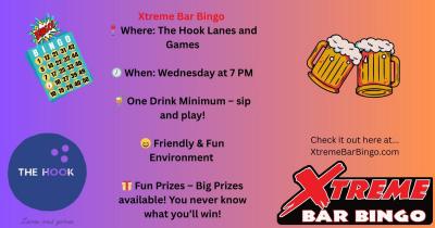 Event banner with bowling ball, bingo card and beer.