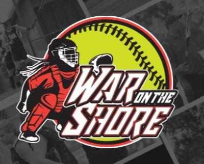 Image of catcher crouching superimposed upon a softball with text "War on the Shore."