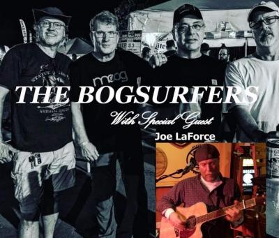 Four members of Bogsurfers on stage with inset shot of singer with guitar (LaForce)