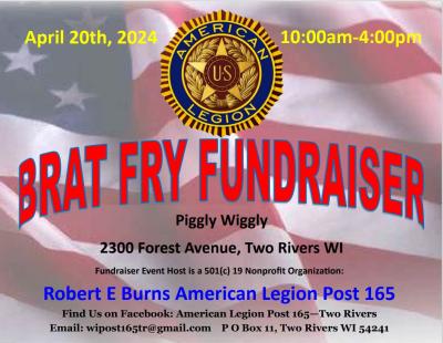 Brat fry fundraiser event poster with American Legion emblem.
